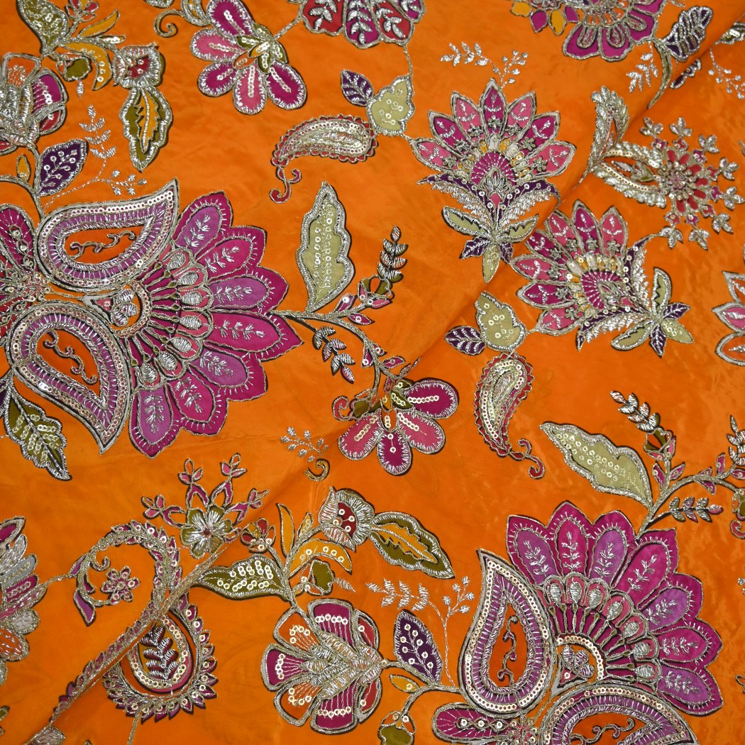 Crepe Position Print With Zari Sequins Embroidery