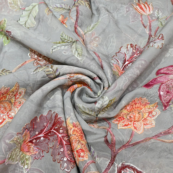 Organza Digital Print with Sequins Embroidery Fabric – Lightweight Designer Organza Fabric-0E1978-7