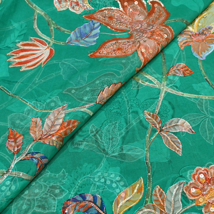 Organza Digital Print with Sequins Embroidery Fabric – Lightweight Designer Organza Fabric-0E1978-8