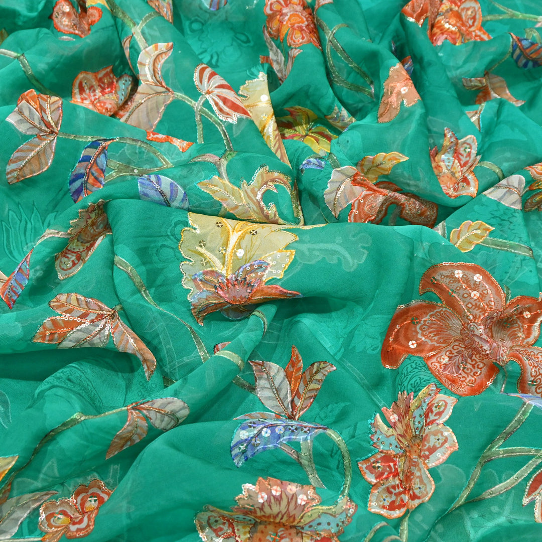 Organza Digital Print with Sequins Embroidery Fabric – Lightweight Designer Organza Fabric-0E1978-8