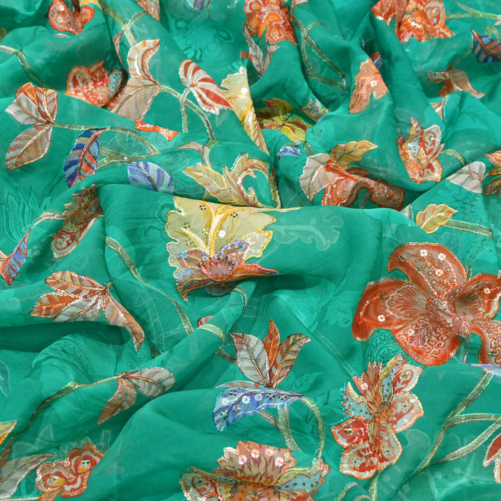 Organza Digital Print with Sequins Embroidery Fabric – Lightweight Designer Organza Fabric-0E1978-8