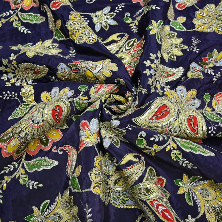 Crepe Position Print With Zari Sequins Embroidery