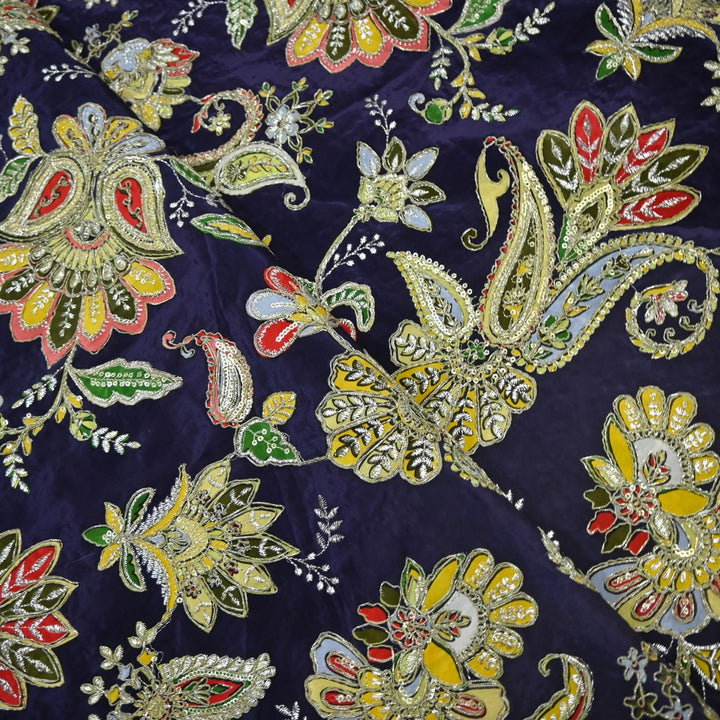 Crepe Position Print With Zari Sequins Embroidery