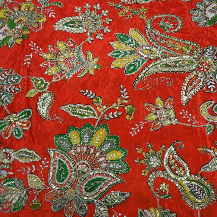 Crepe Position Print With Zari Sequins Embroidery