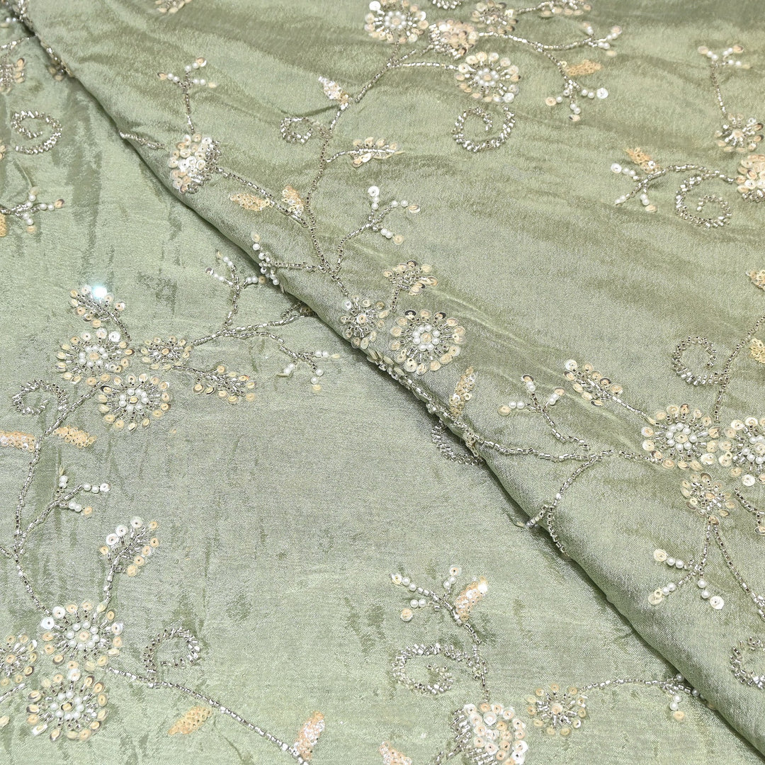 Mint Green Color Chinon Pearl & Sequins Embroidery Fabric – Luxury Party Wear Fabric- EB00521-1