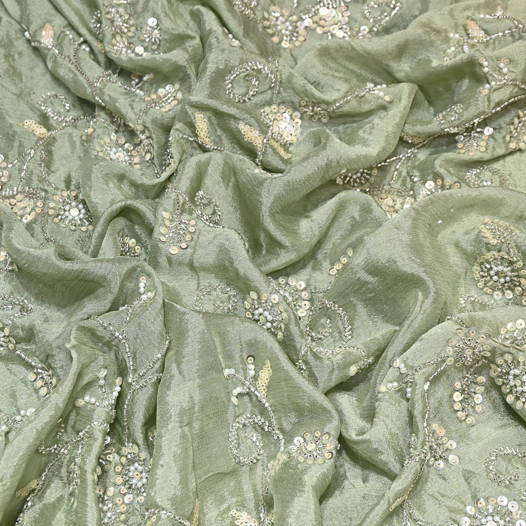 Mint Green Color Chinon Pearl & Sequins Embroidery Fabric – Luxury Party Wear Fabric- EB00521-1