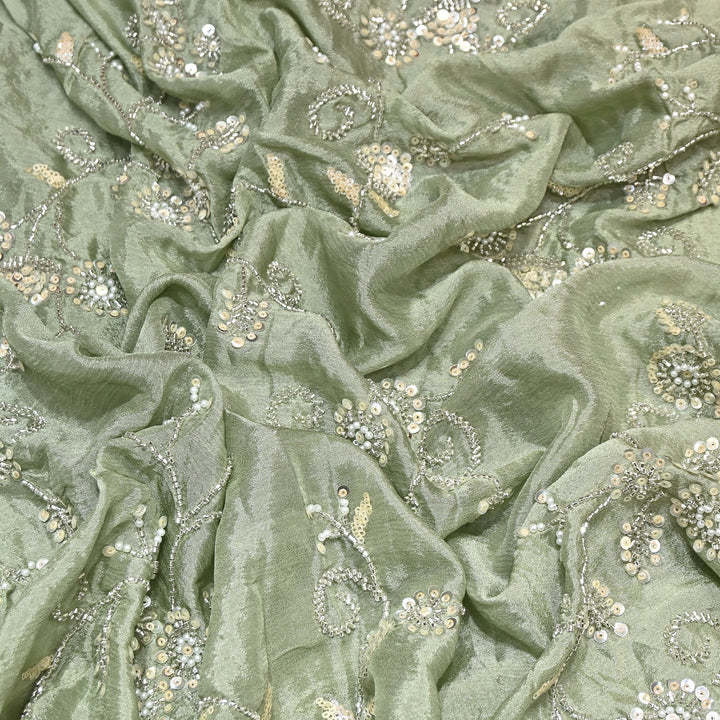 Mint Green Color Chinon Pearl & Sequins Embroidery Fabric – Luxury Party Wear Fabric- EB00521-1