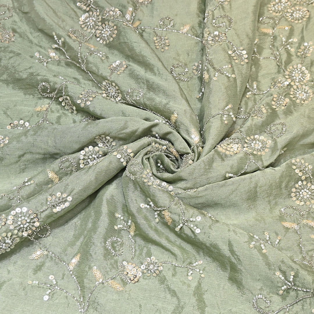Mint Green Color Chinon Pearl & Sequins Embroidery Fabric – Luxury Party Wear Fabric- EB00521-1
