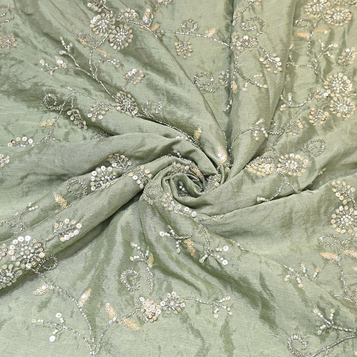 Mint Green Color Chinon Pearl & Sequins Embroidery Fabric – Luxury Party Wear Fabric- EB00521-1