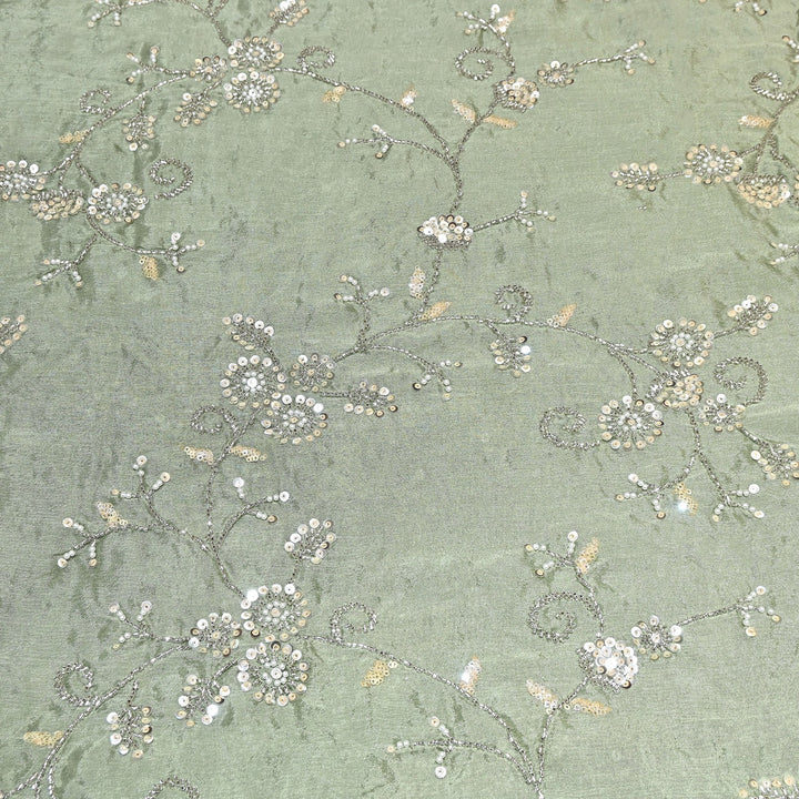 Mint Green Color Chinon Pearl & Sequins Embroidery Fabric – Luxury Party Wear Fabric- EB00521-1