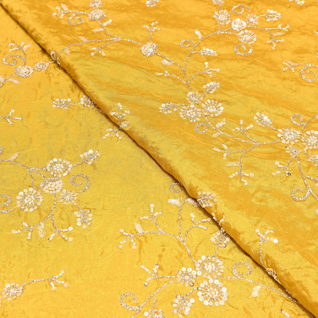 Yellow Color Chinon Pearl & Sequins Embroidery Fabric – Luxury Party Wear Fabric- EB00521-2