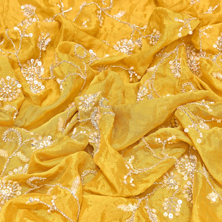Yellow Color Chinon Pearl & Sequins Embroidery Fabric – Luxury Party Wear Fabric- EB00521-2