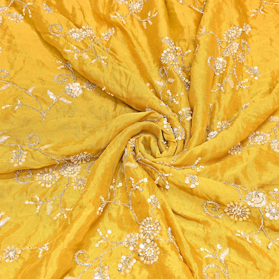 Yellow Color Chinon Pearl & Sequins Embroidery Fabric – Luxury Party Wear Fabric- EB00521-2