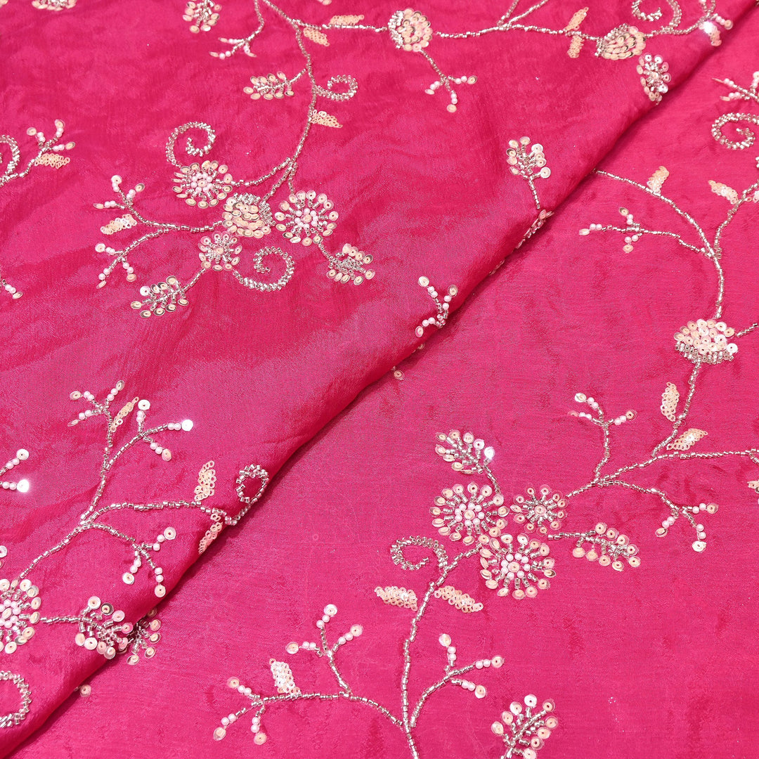 Pink Color Chinon Pearl & Sequins Embroidery Fabric – Luxury Party Wear Fabric- EB00521-3
