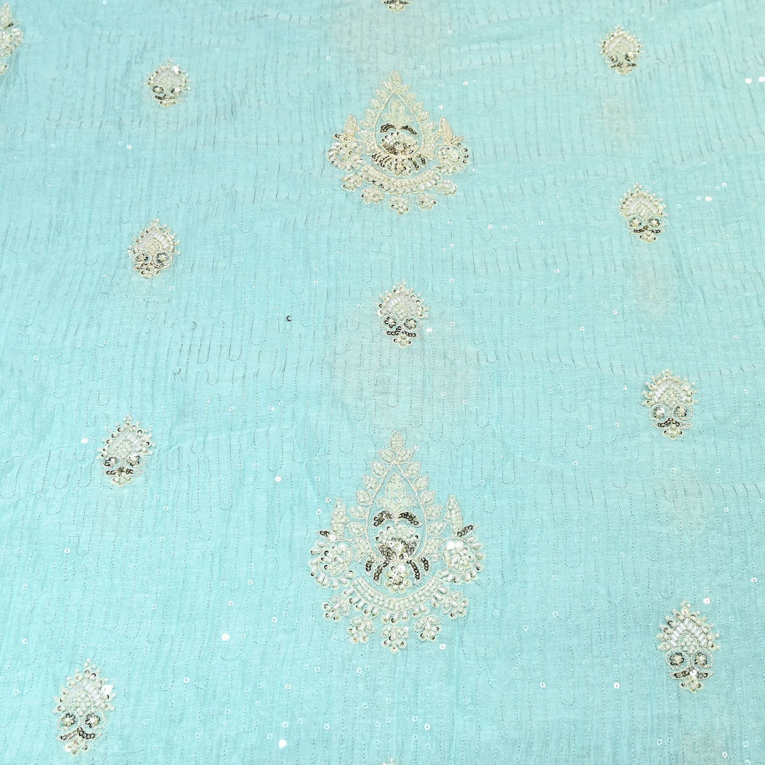 Powder Blue Color Mul Chanderi Fabric with Pearl & Sequins Embroidery- J75319-1