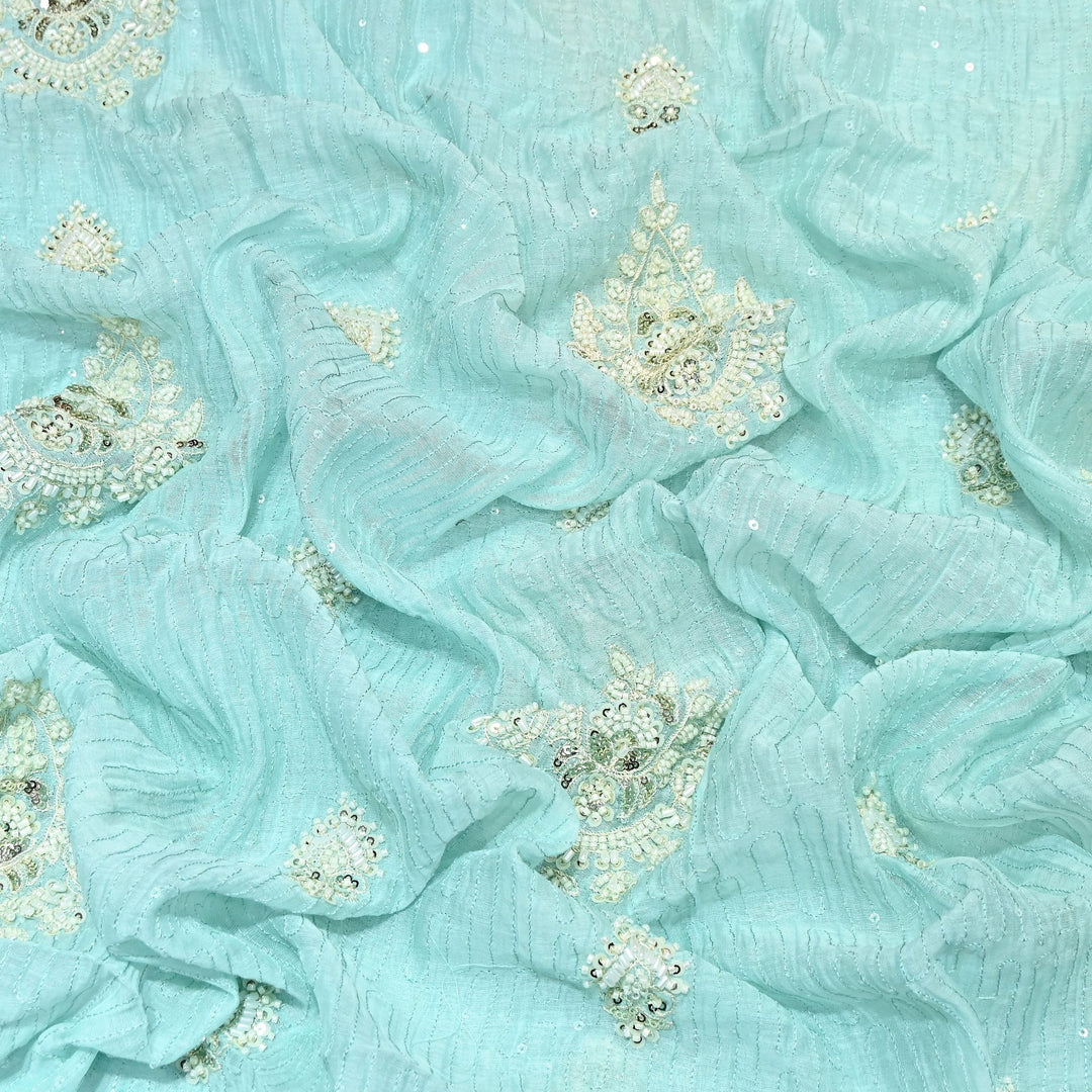 Powder Blue Color Mul Chanderi Fabric with Pearl & Sequins Embroidery- J75319-1