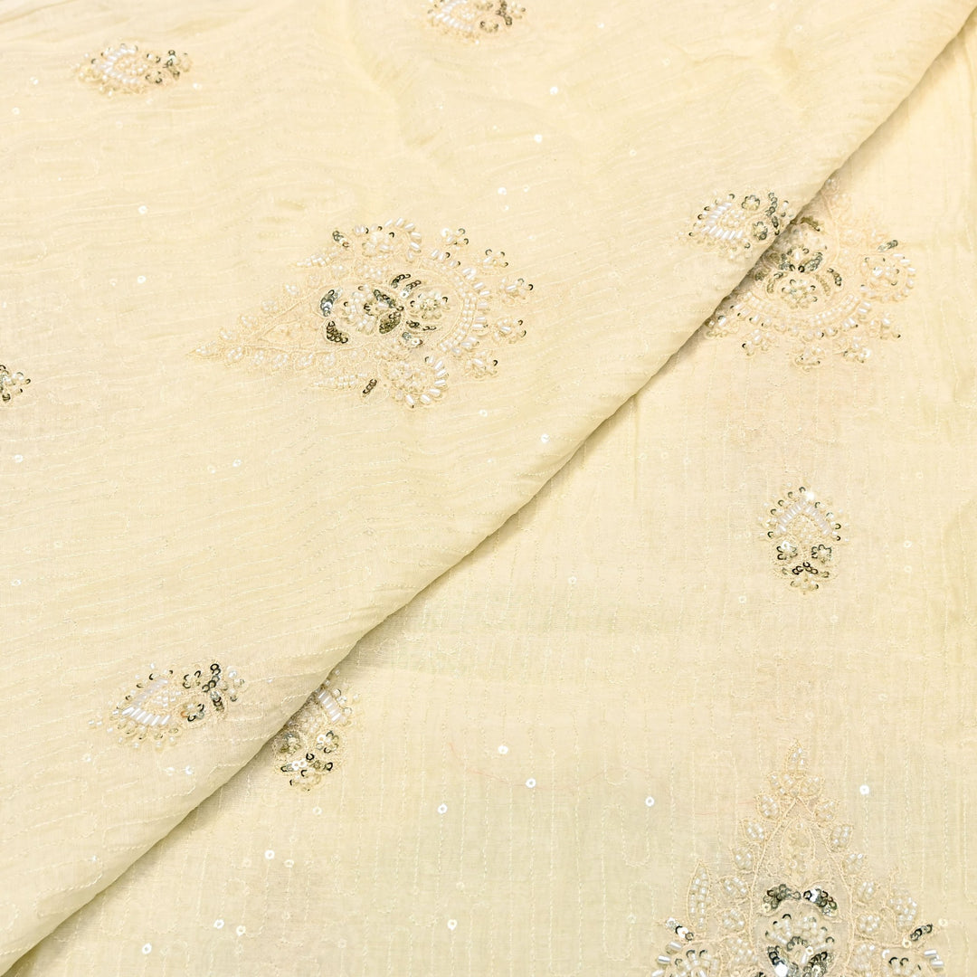 Ivory Cream Color Mul Chanderi Fabric with Pearl & Sequins Embroidery- J75319-3