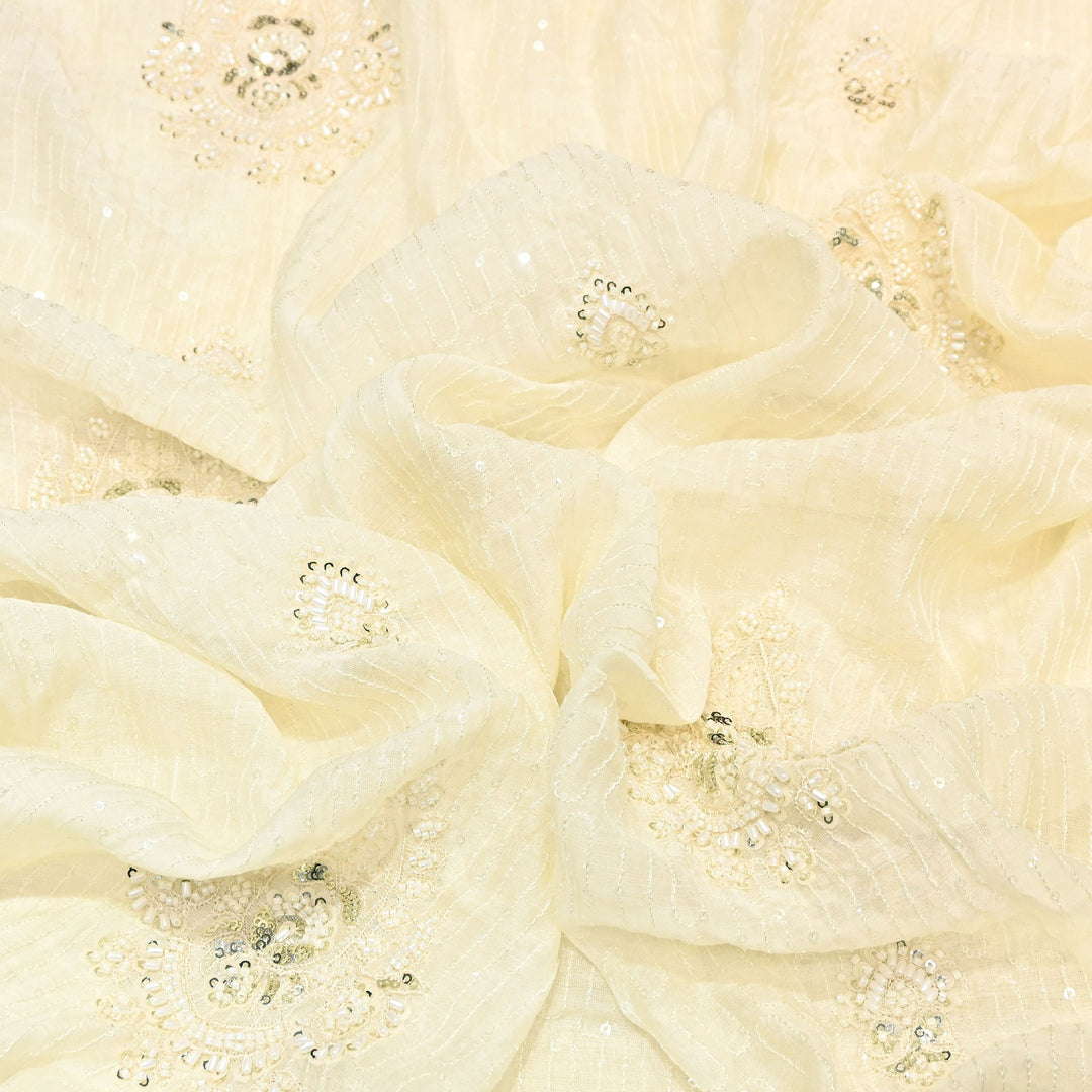 Ivory Cream Color Mul Chanderi Fabric with Pearl & Sequins Embroidery- J75319-3