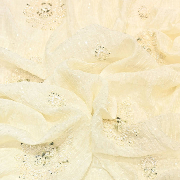 Ivory Cream Color Mul Chanderi Fabric with Pearl & Sequins Embroidery- J75319-3