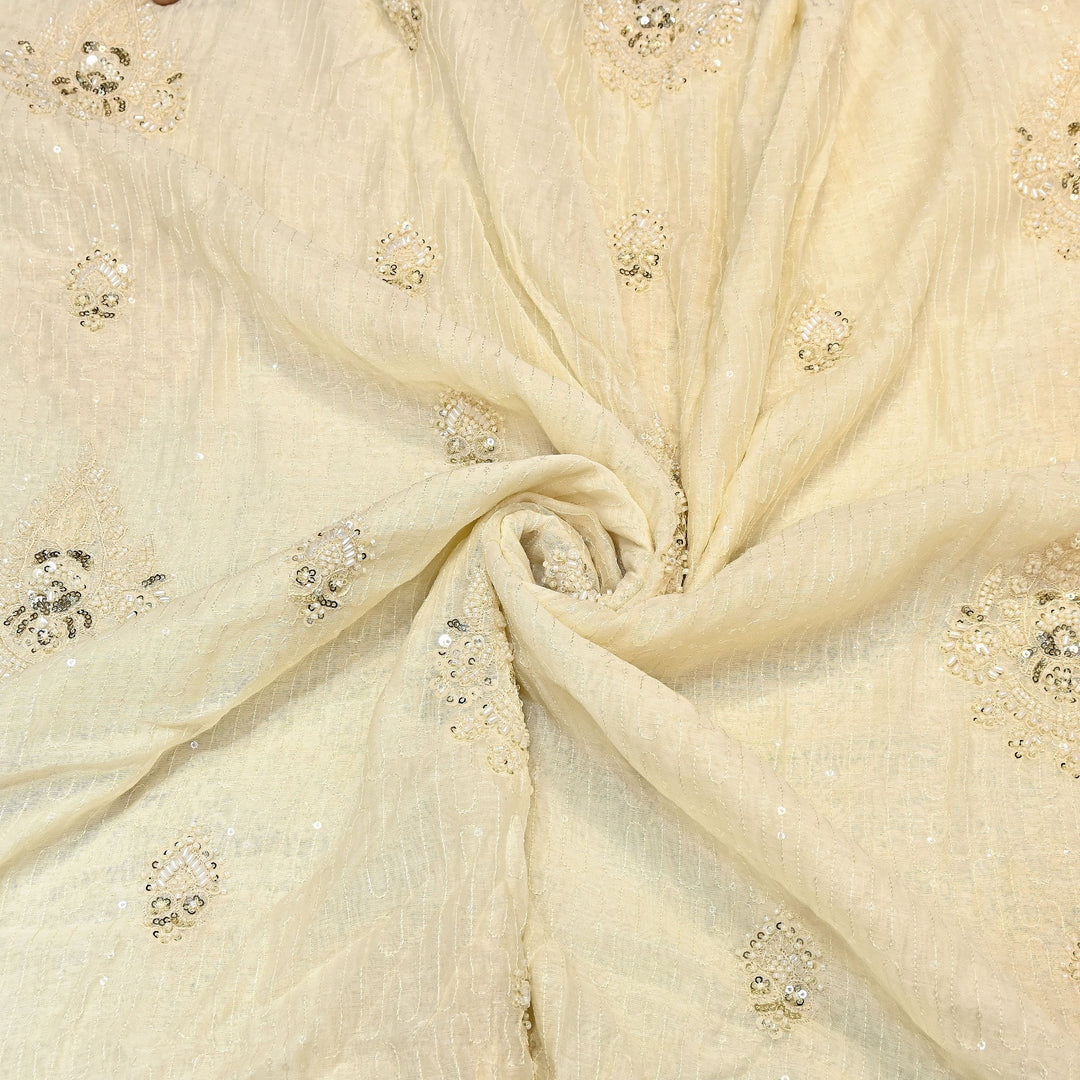 Ivory Cream Color Mul Chanderi Fabric with Pearl & Sequins Embroidery- J75319-3