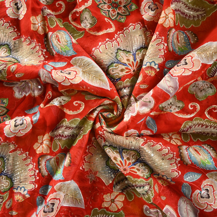 Viscose Organza Position Print With Sequins Embroidery