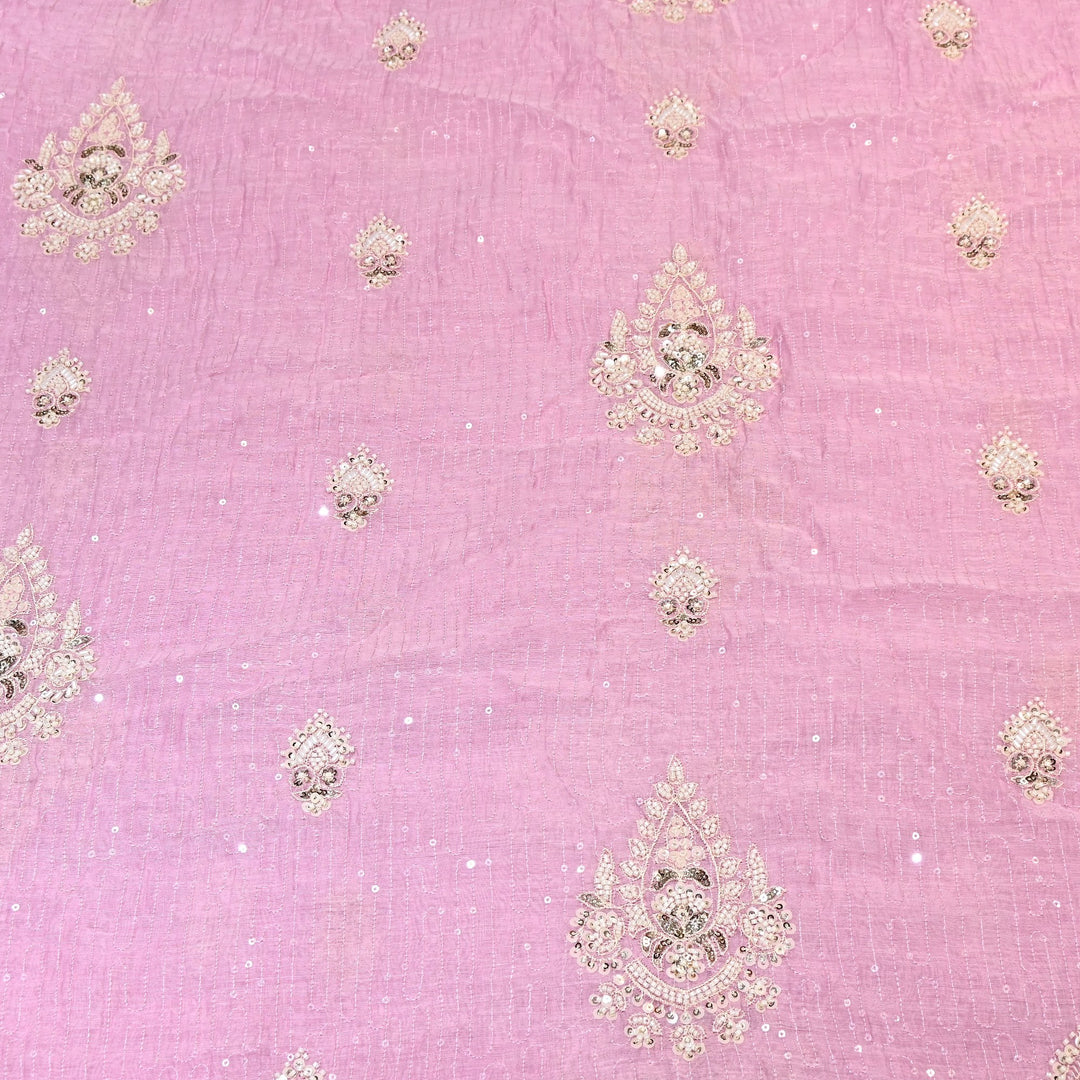 Pastel Pink Color Mul Chanderi Fabric with Pearl & Sequins Embroidery- J75319-4