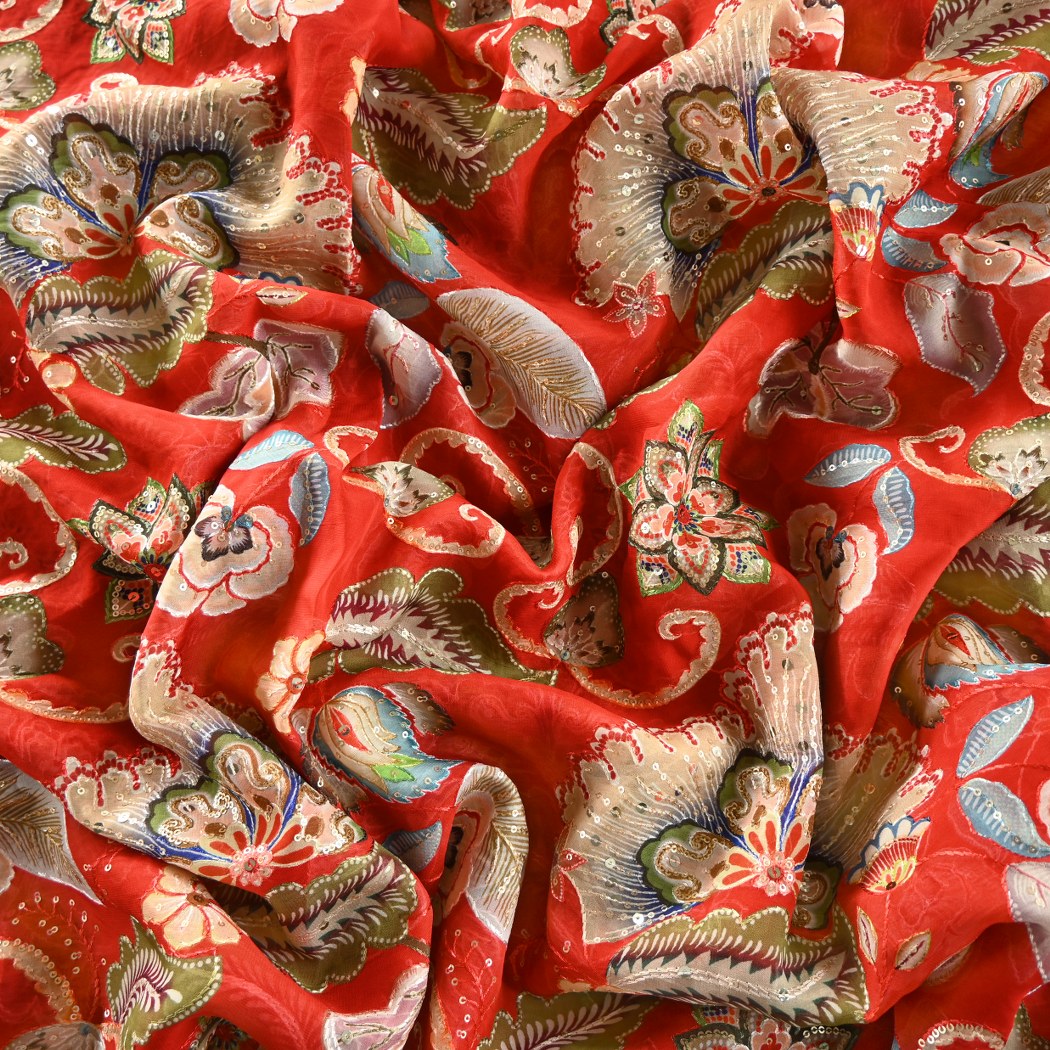 Viscose Organza Position Print With Sequins Embroidery