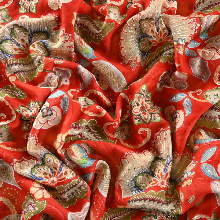 Viscose Organza Position Print With Sequins Embroidery