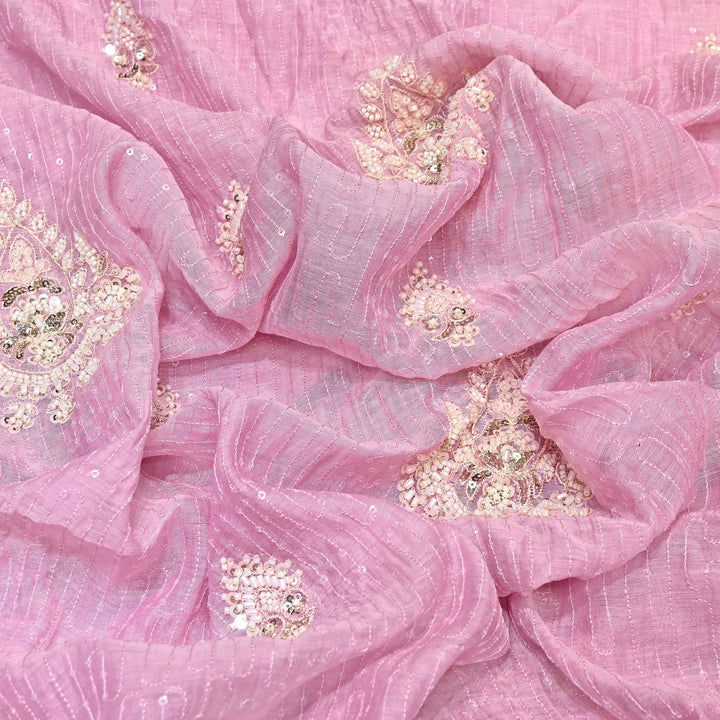 Pastel Pink Color Mul Chanderi Fabric with Pearl & Sequins Embroidery- J75319-4