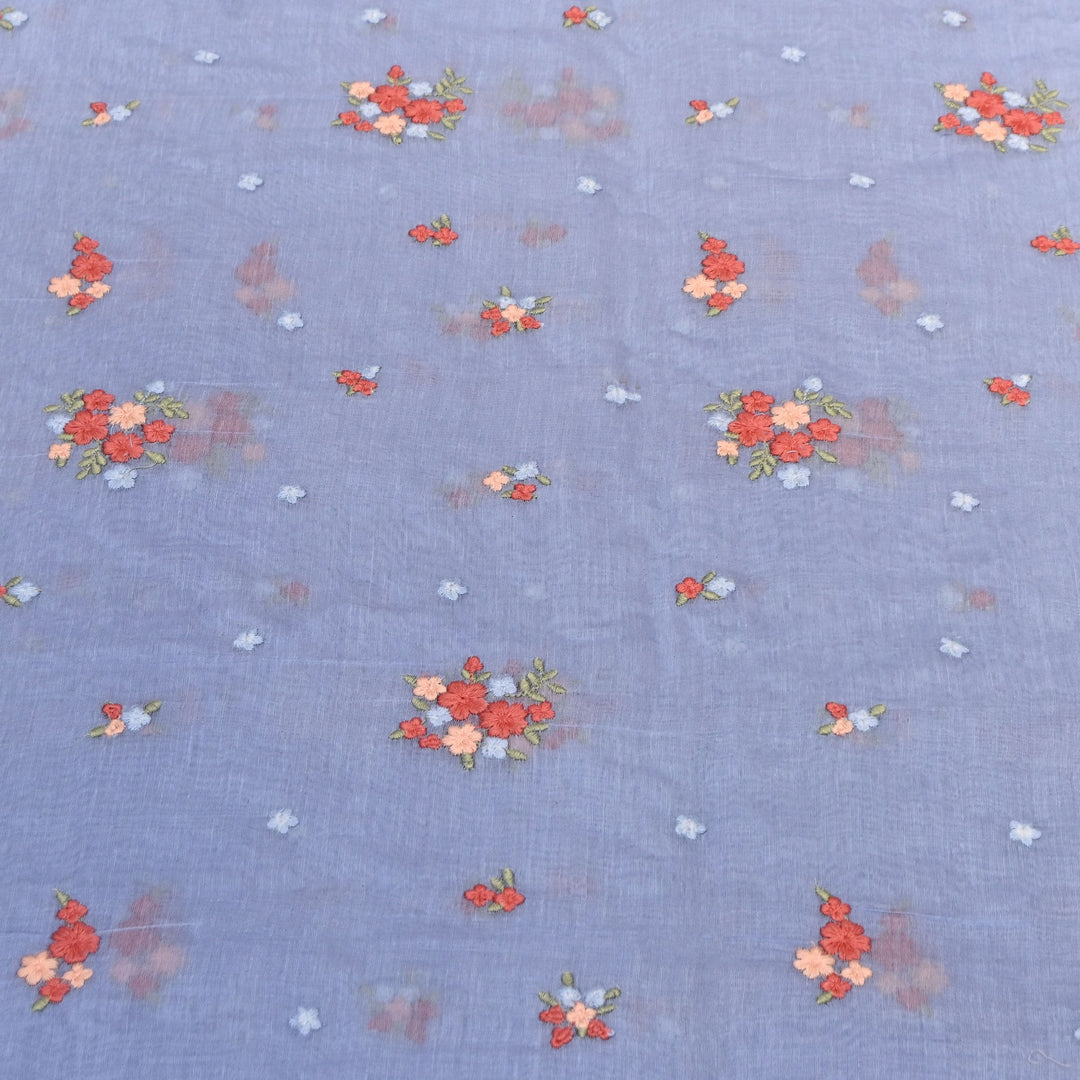 Lilac Blue Color Mul Chanderi Thread Work Fabric | Lightweight Designer Embroidered Fabric- MF4396-1