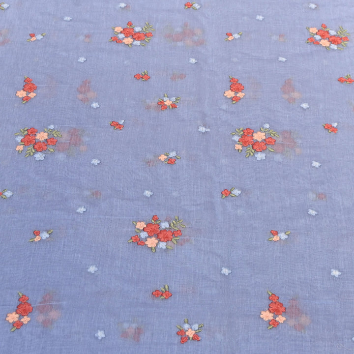 Lilac Blue Color Mul Chanderi Thread Work Fabric | Lightweight Designer Embroidered Fabric- MF4396-1
