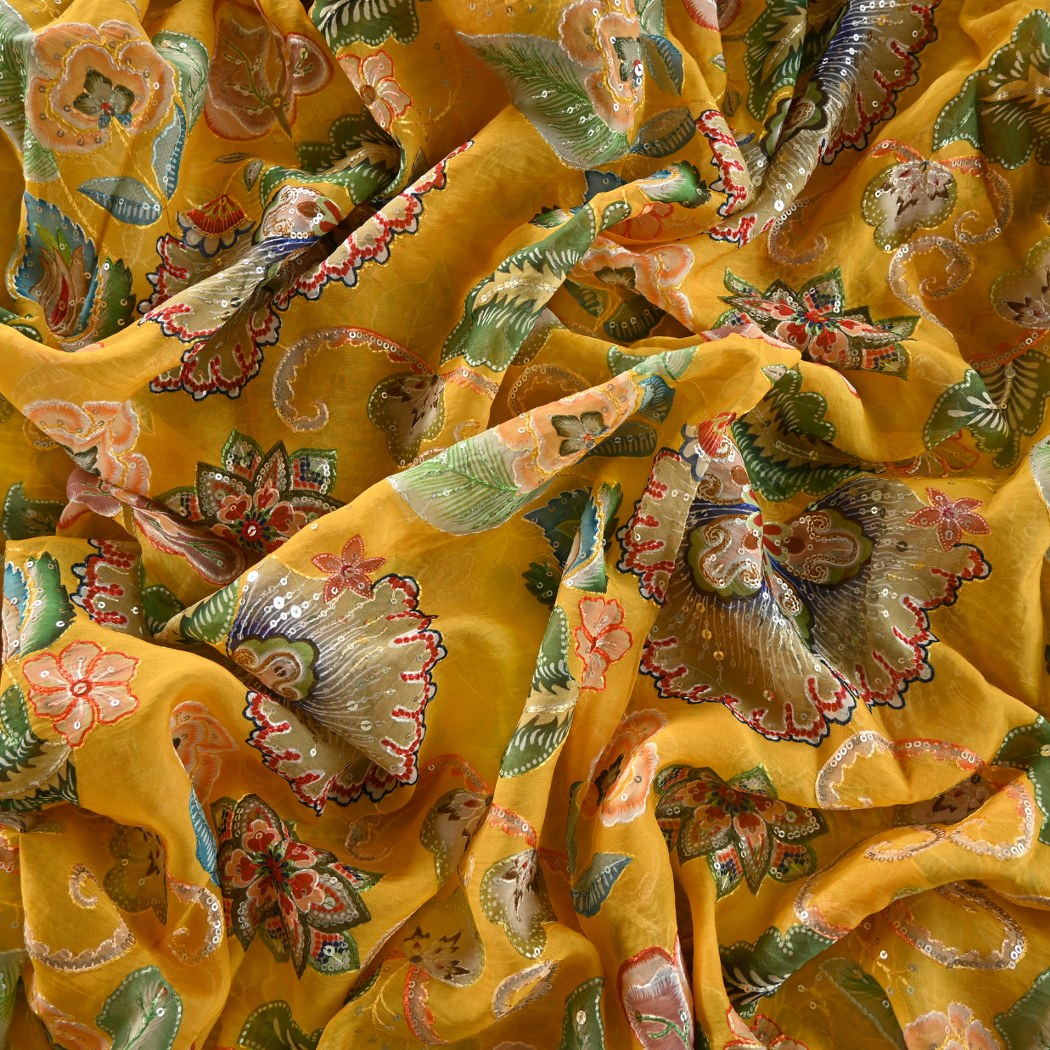 Viscose Organza Position Print With Sequins Embroidery