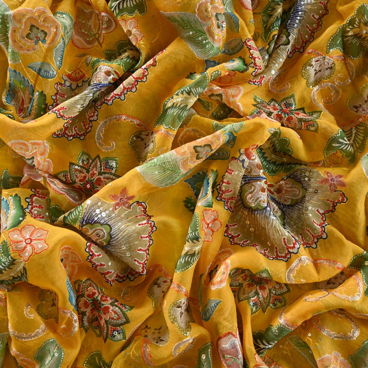 Viscose Organza Position Print With Sequins Embroidery