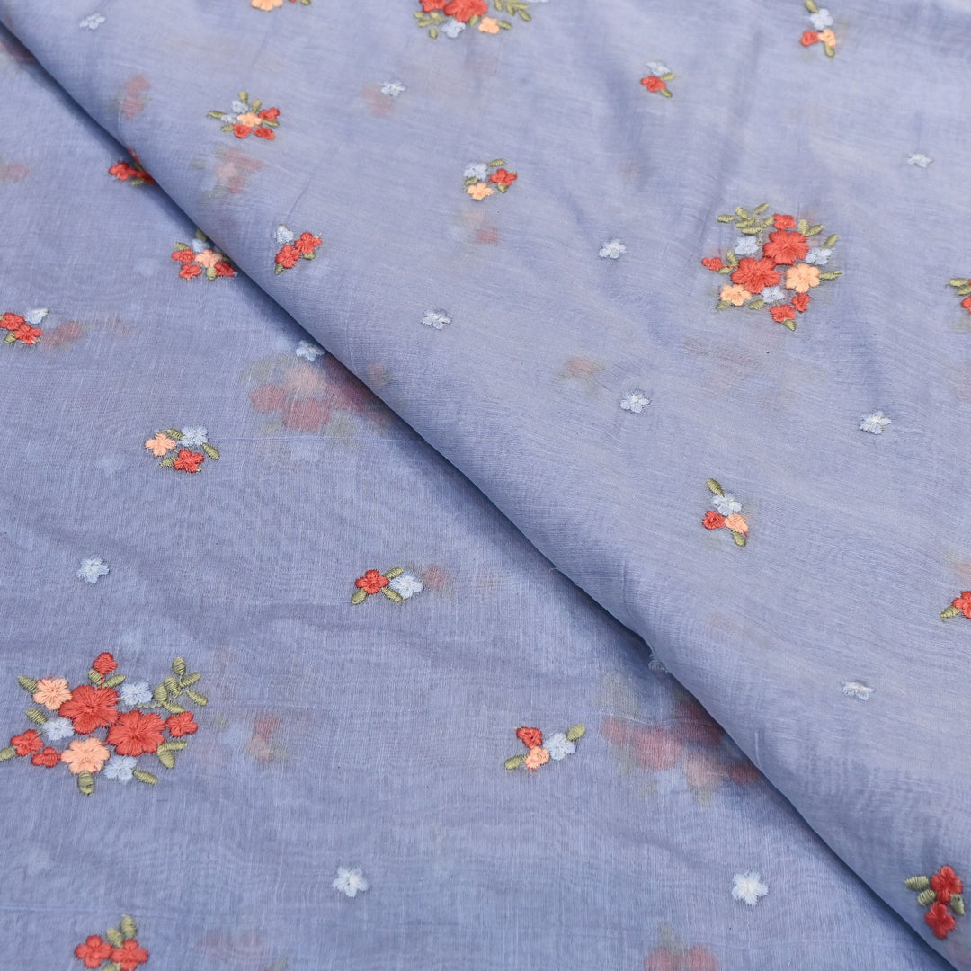 Lilac Blue Color Mul Chanderi Thread Work Fabric | Lightweight Designer Embroidered Fabric- MF4396-1