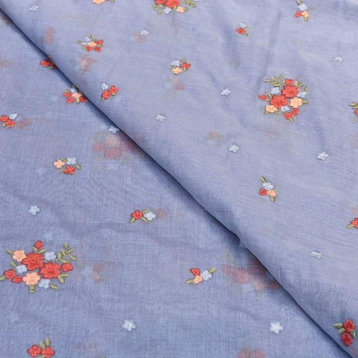 Lilac Blue Color Mul Chanderi Thread Work Fabric | Lightweight Designer Embroidered Fabric- MF4396-1