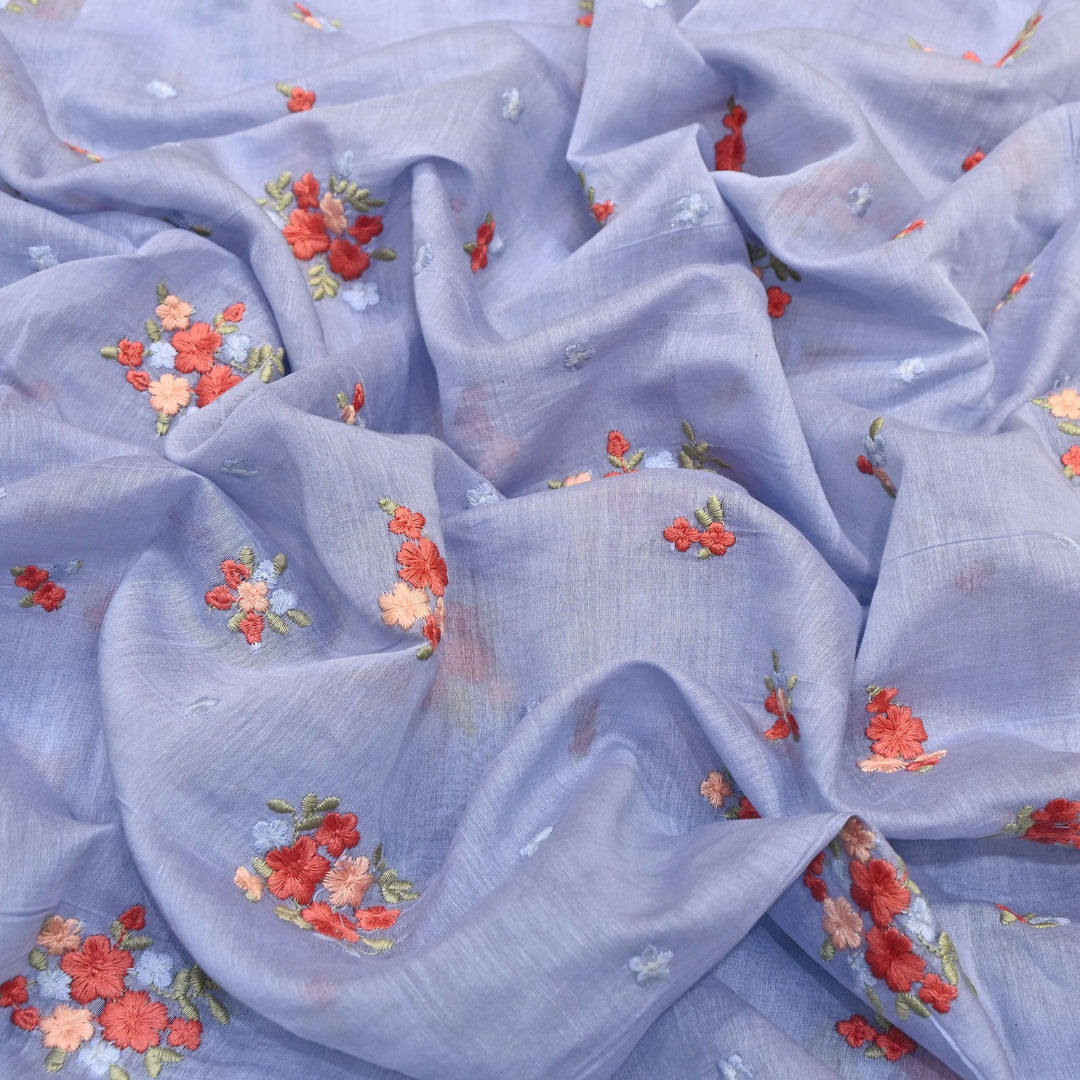 Lilac Blue Color Mul Chanderi Thread Work Fabric | Lightweight Designer Embroidered Fabric- MF4396-1