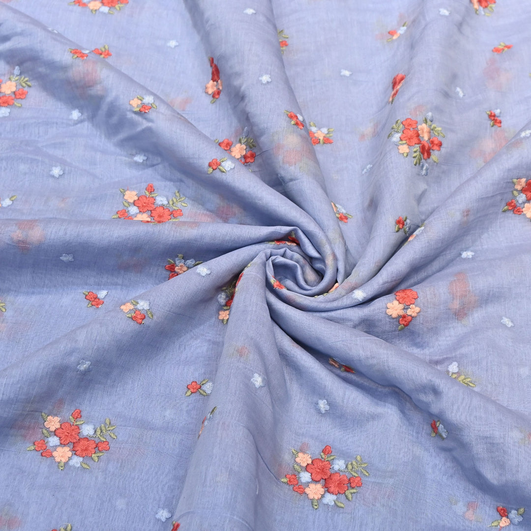 Lilac Blue Color Mul Chanderi Thread Work Fabric | Lightweight Designer Embroidered Fabric- MF4396-1