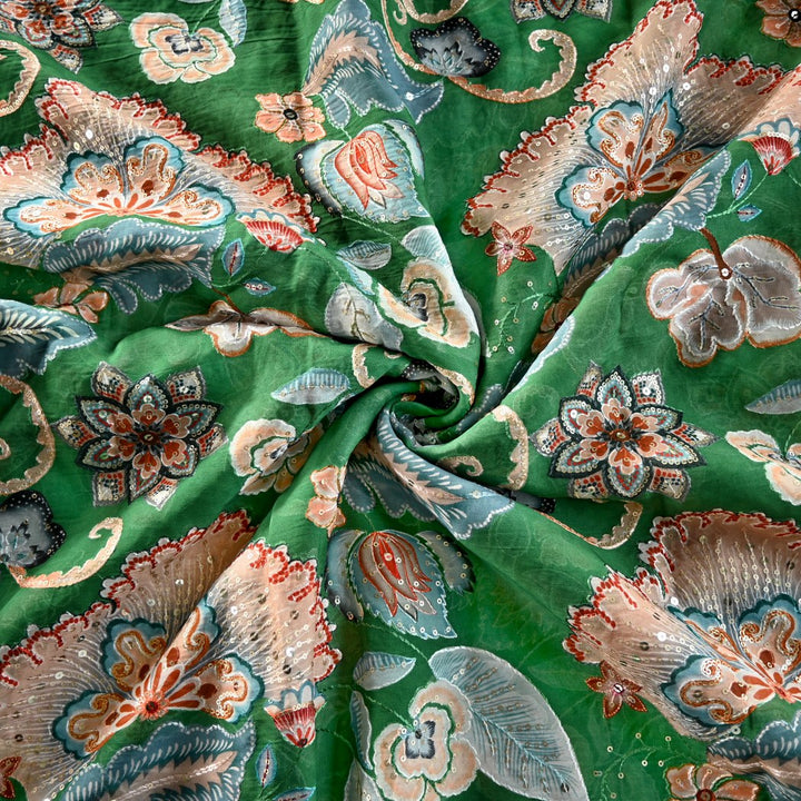 Viscose Organza Position Print With Sequins Embroidery