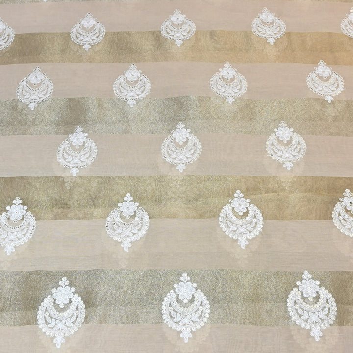 Silk Chanderi Thread & Sequins Embroidery Fabric with Zari Stripes – Designer Pattern Fabric-00R182-1