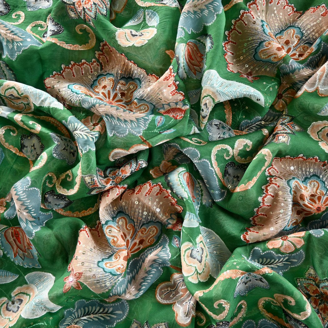 Viscose Organza Position Print With Sequins Embroidery