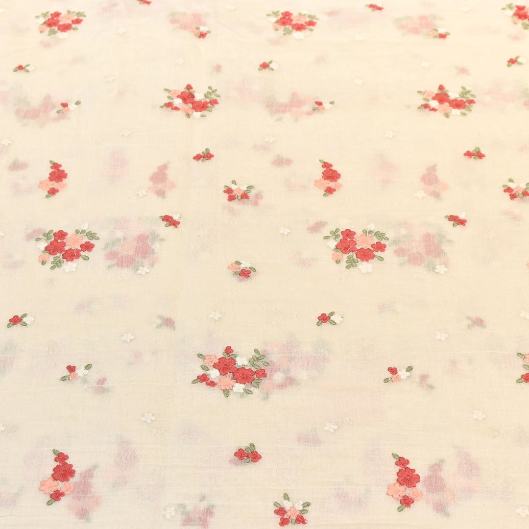 Ivory Crame Color Mul Chanderi Thread Work Fabric | Lightweight Designer Embroidered Fabric- MF4396-2