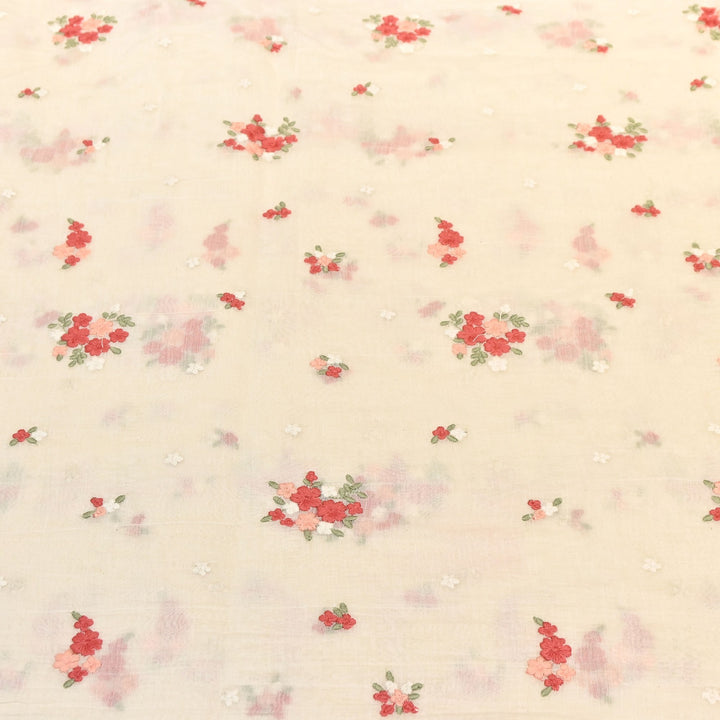 Ivory Crame Color Mul Chanderi Thread Work Fabric | Lightweight Designer Embroidered Fabric- MF4396-2