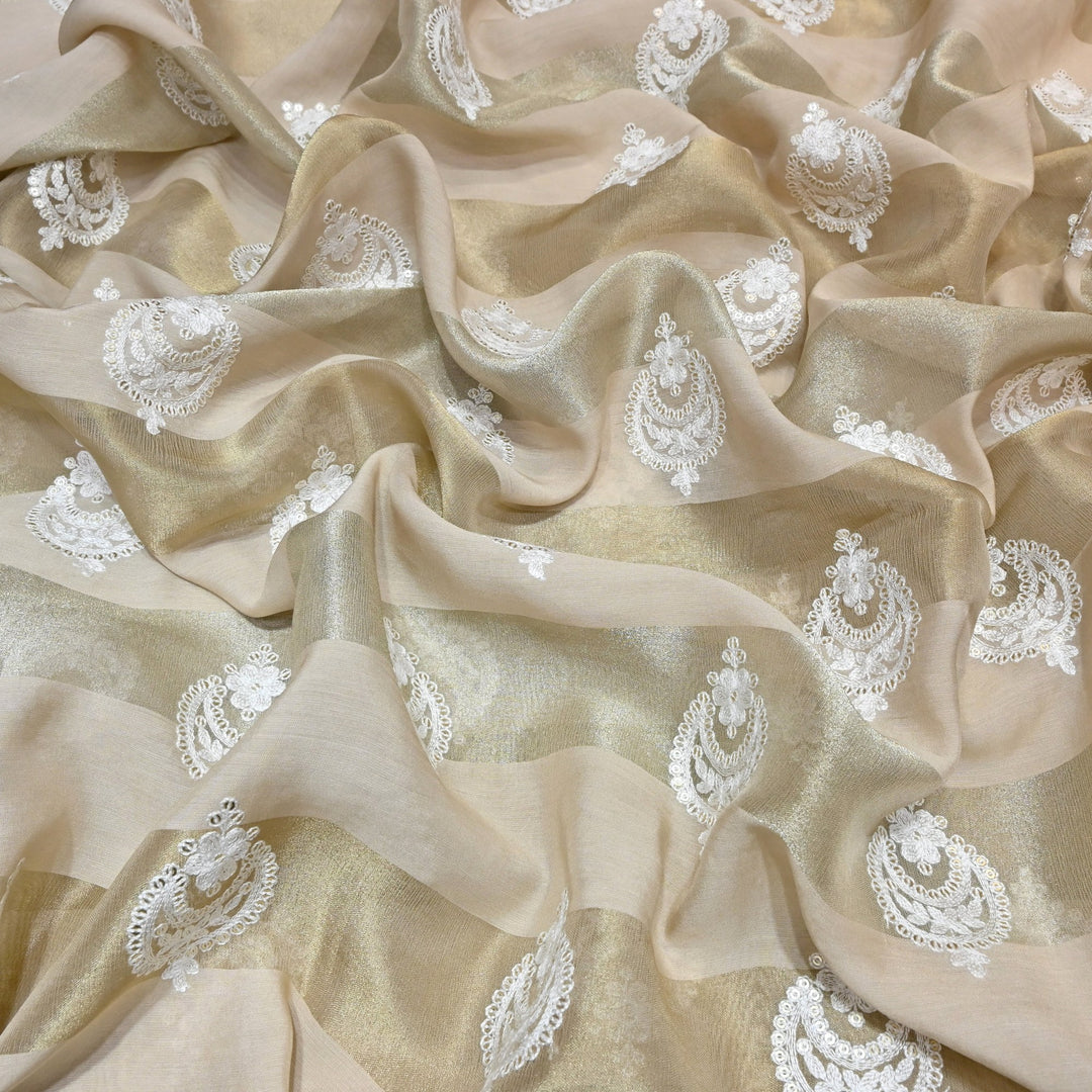 Silk Chanderi Thread & Sequins Embroidery Fabric with Zari Stripes – Designer Pattern Fabric-00R182-1