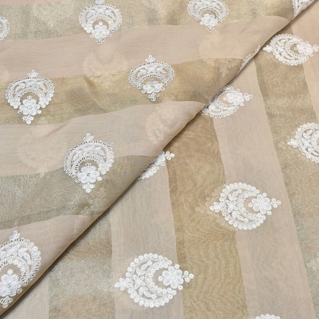 Silk Chanderi Thread & Sequins Embroidery Fabric with Zari Stripes – Designer Pattern Fabric-00R182-1