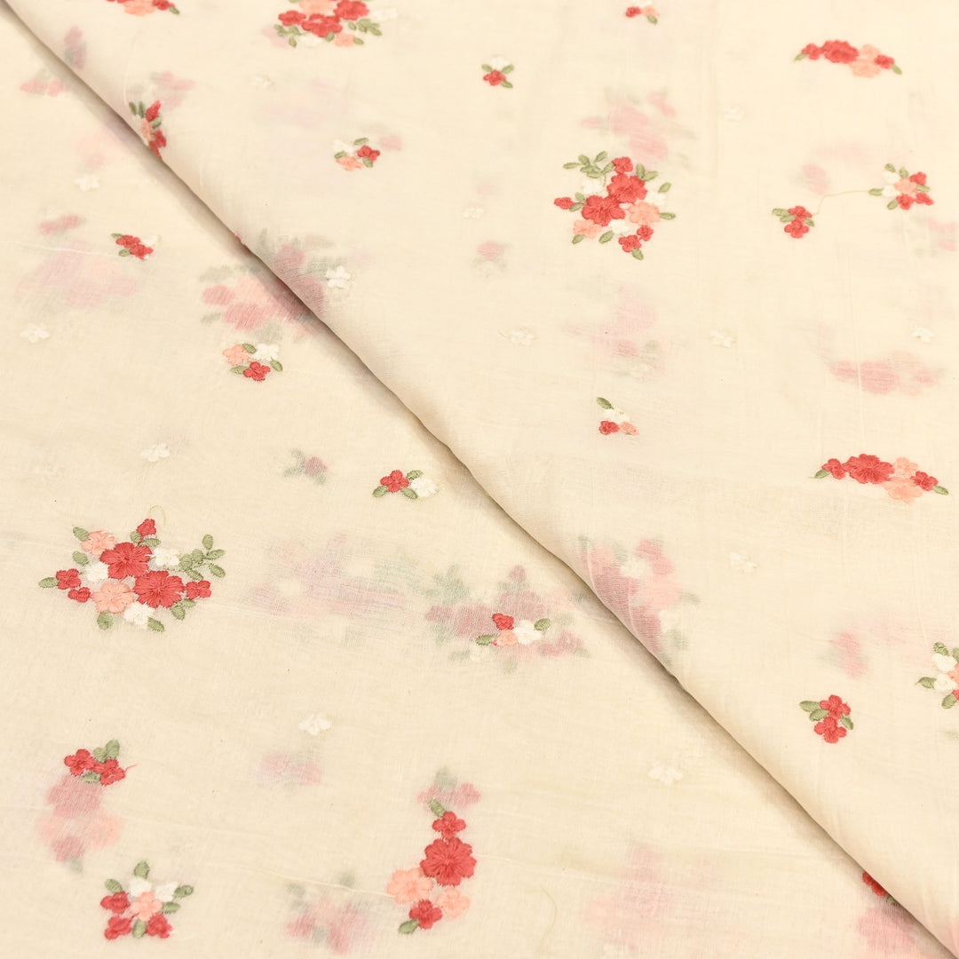 Ivory Crame Color Mul Chanderi Thread Work Fabric | Lightweight Designer Embroidered Fabric- MF4396-2