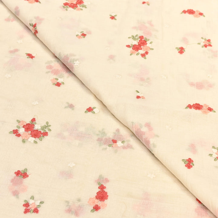 Ivory Crame Color Mul Chanderi Thread Work Fabric | Lightweight Designer Embroidered Fabric- MF4396-2