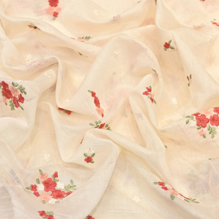 Ivory Crame Color Mul Chanderi Thread Work Fabric | Lightweight Designer Embroidered Fabric- MF4396-2