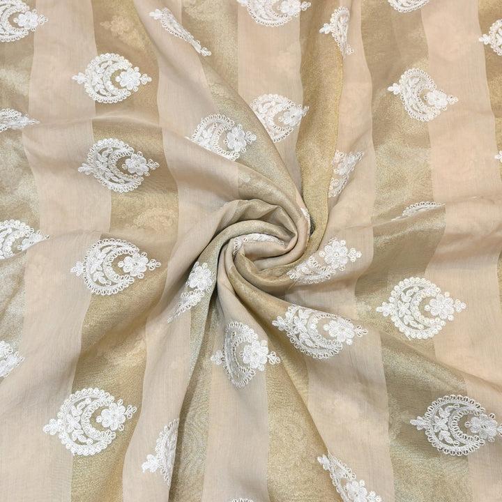 Silk Chanderi Thread & Sequins Embroidery Fabric with Zari Stripes – Designer Pattern Fabric-00R182-1