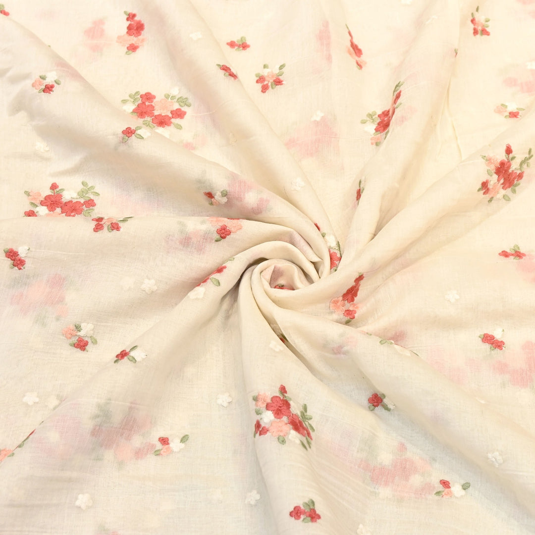 Ivory Crame Color Mul Chanderi Thread Work Fabric | Lightweight Designer Embroidered Fabric- MF4396-2