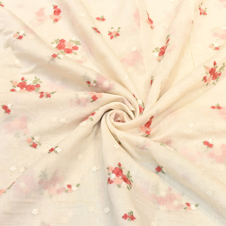 Ivory Crame Color Mul Chanderi Thread Work Fabric | Lightweight Designer Embroidered Fabric- MF4396-2